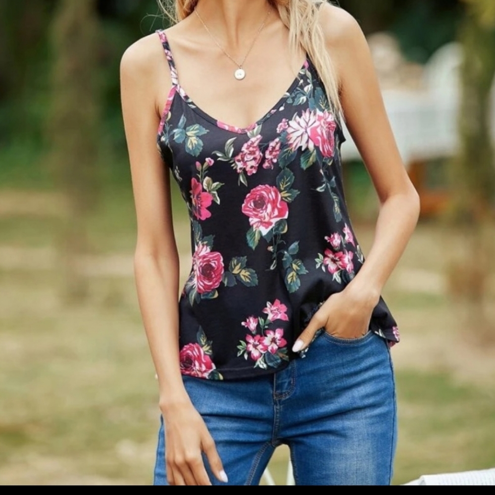 Black & Fuschia Floral Camisole Top